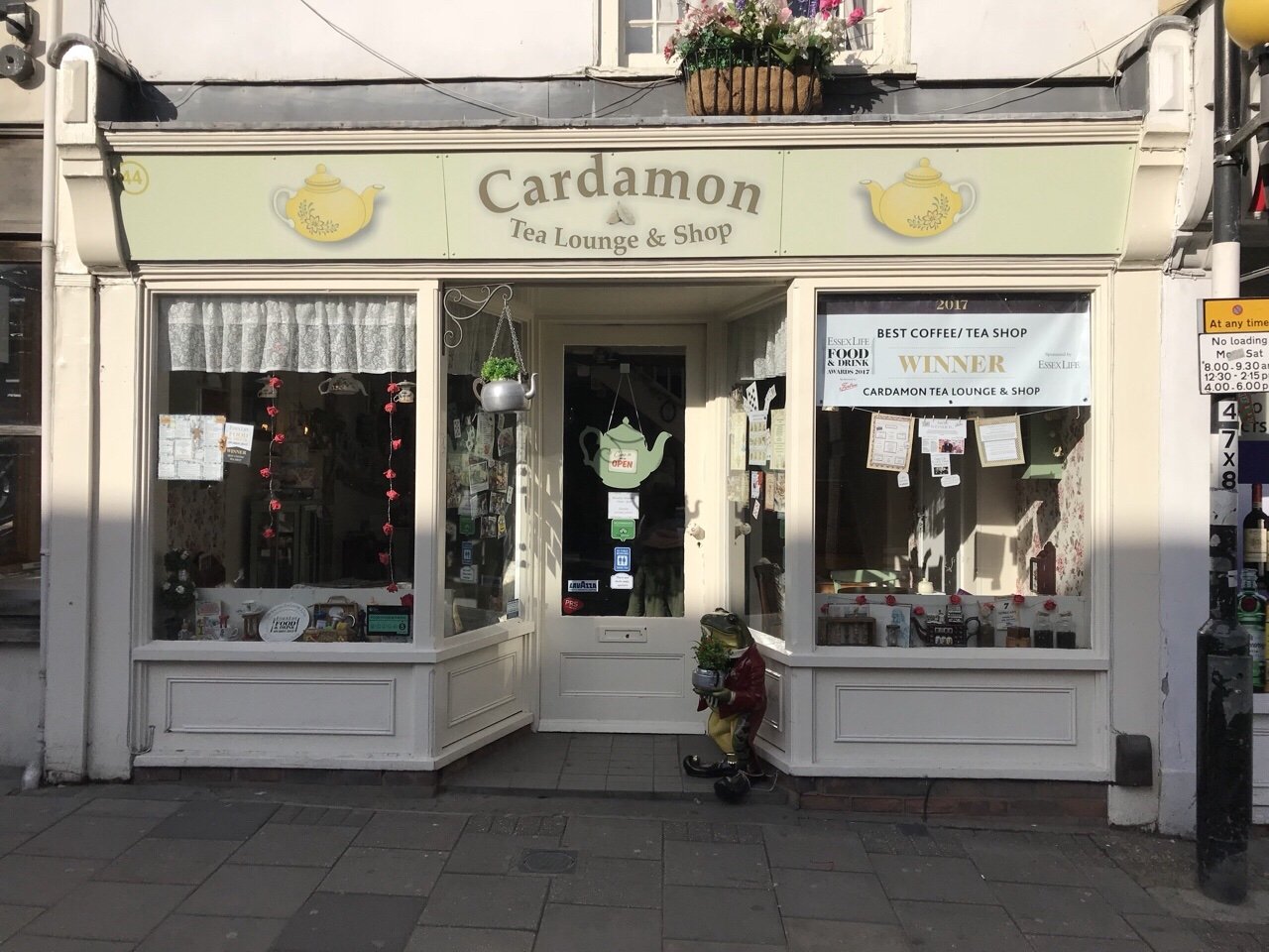 Shop front of The Cardamon Tea Lounge in Colchester. Themed Afternoon Tea in Essex